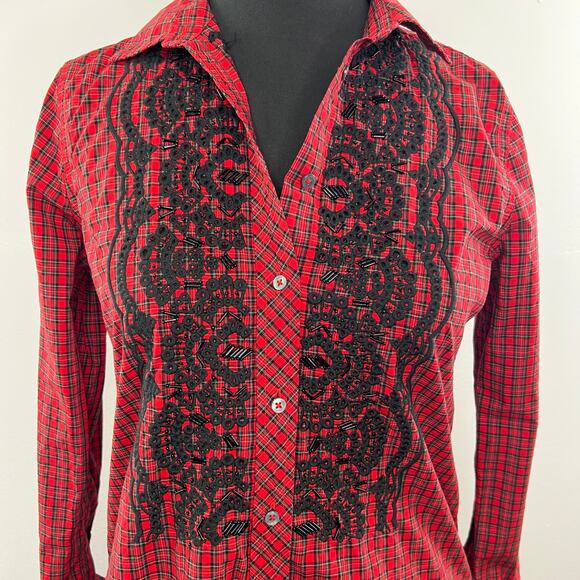 J Crew Red Holiday Plaid Black Embellished Button-Down Long Sleeve Boy Shirt 2P - Picture 3 of 8